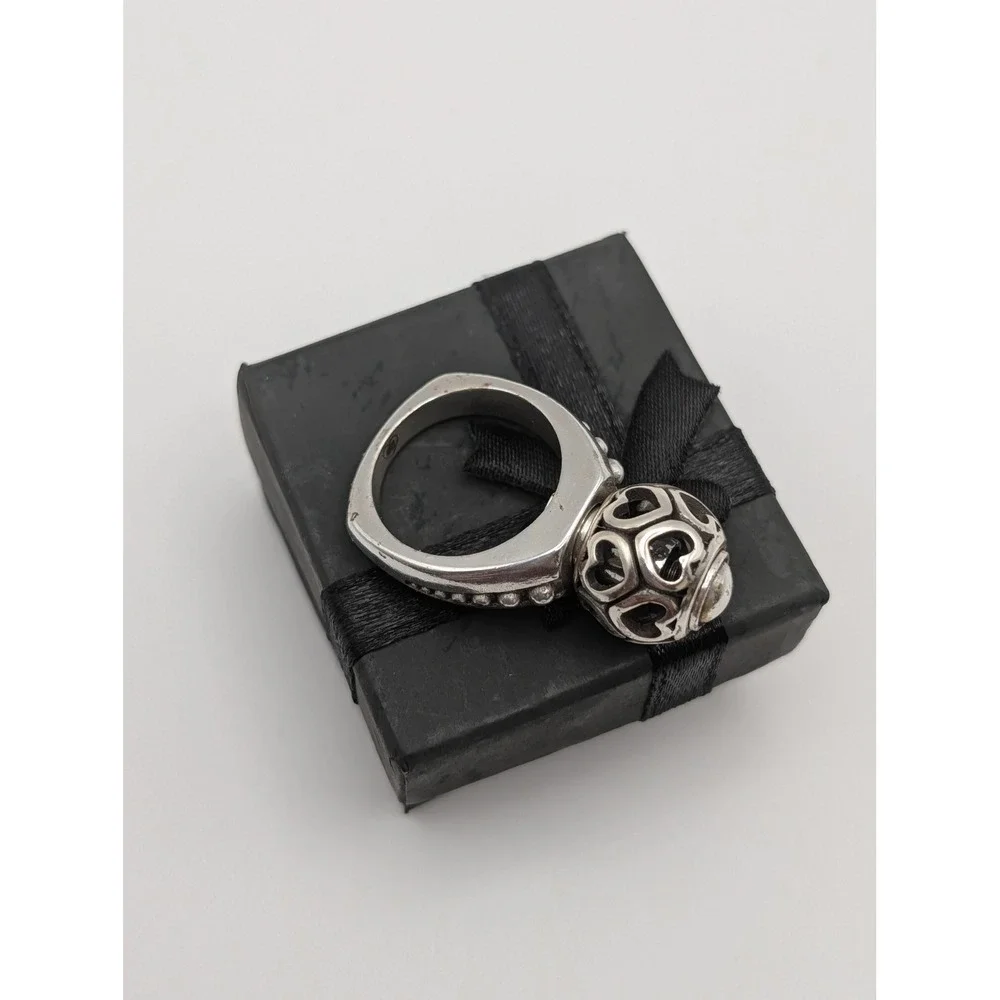 Brighton Silver Tone Swivel Heart Filigree Orb Statement Ring Size 6.5 with Box